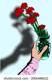 Flowers in a jar. Carnations in color. Vector.