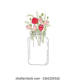 Flowers in jar. Line doodle vector poster.