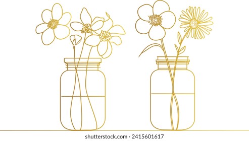 Flowers in Jar Set Line Art Vector Illustration, Botanical Sketch Outline, Floral Arrangement Clipart, Vintage Flower Vase Drawing