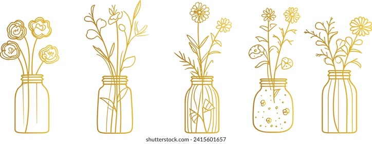 Flowers in Jar Set Line Art Vector Illustration, Botanical Sketch Outline, Floral Arrangement Clipart, Vintage Flower Vase Drawing
