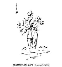 Flowers in a jar. Spider on the web. Line drawing. Vector illustration.