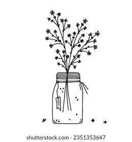 Blumen in einer Glas-Vase. Einfache Doodle-Stil für Postkarten, Notebooks, Aufkleber, Design. Schwarz-Weiß handgezeichnet Vektorgrafik. Schöne, hübsche Blumen, ein dekoratives Element.