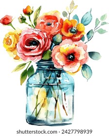 Flowers in Jar Watercolor Clipart