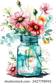 Flores en Jar Watercolor Clipart