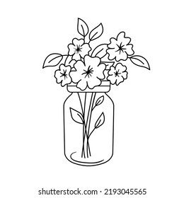 Flowers in jar. Wildflowers in glass bottle. Vector outline illustration isolated on white for coloring book