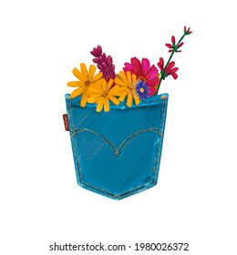 Flores en el bolsillo de los jeans aisladas sobre fondo blanco. Ilustración del vector