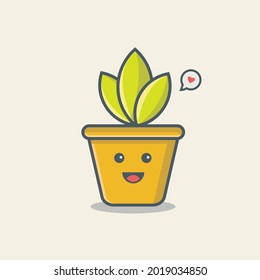 flowers kawai , one flower vase , cute flat vector illustration , potted plant with a face