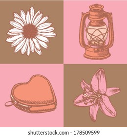 Flowers and kerosene lamp, vector sketch set
