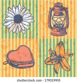 Flowers and kerosene lamp, vector sketch set
