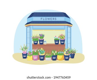 Flowers kiosk 2D vector web banner, poster. Small business. Floral shop flat scenery on cartoon background. Bouquets in vases on counter shelves printable patch, colorful web element