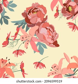 Flowers kosmea, lily and pink peonies on beige background. Seamless vector illustration. For decoration textile, packaging and wallpaper.