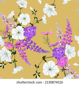 Flowers kosmea, lupine, phlox and petunia. Seamless vector illustration. For decoration textile, packaging and wallpaper.