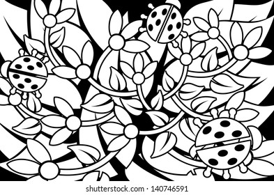 Flowers and ladybugs floral design background