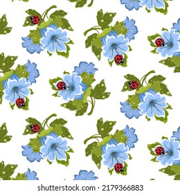 Flowers with ladybugs in the illustration.Colored vector pattern with blue flowers and ladybugs on a transparent background.