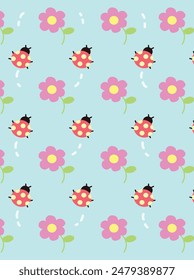 Flowers and ladybugs pattern cartoon style.