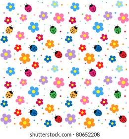 Flowers and ladybugs seamless background