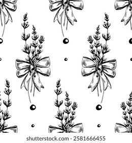 Flowers, lavender twigs with bows LAVENDER SPA collection. Graphic illustration line art hand drawn in black and white monochrome. Seamless pattern