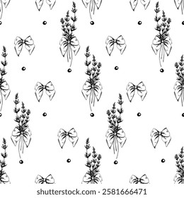 Flowers, lavender twigs with bows LAVENDER SPA collection. Graphic illustration line art hand drawn in black and white monochrome. Seamless pattern