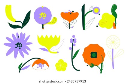 Flowers and leaf, botanical elements set. Floral plants, spring and summer blooms, leaves, wildflowers. Natural design elements collection. Flat vector illustrations isolated on white background.