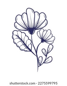icono aislado de flores y doodle de hojas