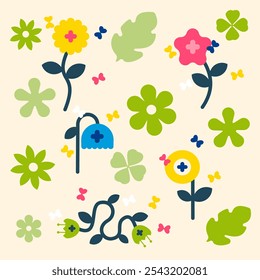 Flowers and leaf icon images with various shapes and colors.