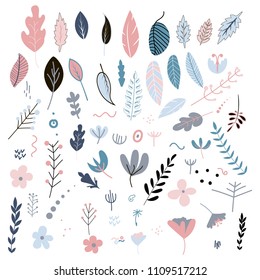 Flowers and leaf pretty spring pastel colors. Floral bouquet elements vector illustration. Cute hand drawn blossom garden and nature elements for girls, isolated on white for greeting cards.