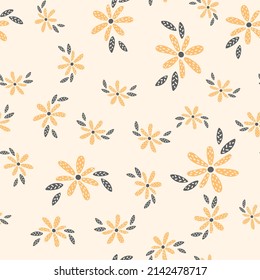 Flowers and leaf seamless pattern. Scandinavian style background. Vector illustration for fabric design, gift paper, baby clothes, textiles, cards.