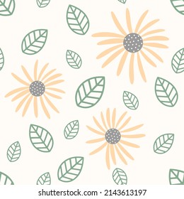 Blumen und nahtloses Blatt-Muster. Skandinavischer Hintergrund. Vektorgrafik für Stoffdesign, Geschenkpapier, Babybekleidung, Textilien, Karten.