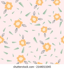 Flowers and leaf seamless pattern. Scandinavian style background. Vector illustration for fabric design, gift paper, baby clothes, textiles, cards.