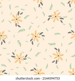 Flowers and leaf seamless pattern. Scandinavian style background. Vector illustration for fabric design, gift paper, baby clothes, textiles, cards.