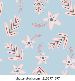 Blumen und nahtloses Blatt-Muster. Skandinavischer Hintergrund. Vektorgrafik für Stoffdesign, Geschenkpapier, Babybekleidung, Textilien, Karten
