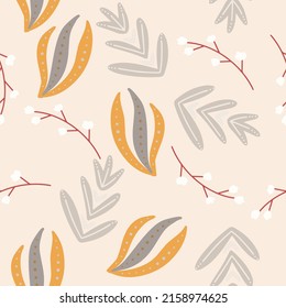 Flowers and leaf seamless pattern. Scandinavian style background. Vector illustration for fabric design, gift paper, baby clothes, textiles, cards