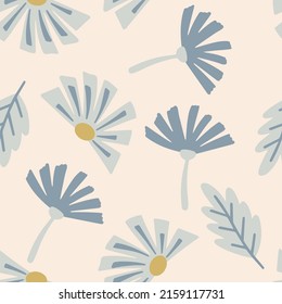 Flowers and leaf seamless pattern. Scandinavian style background. Vector illustration for fabric design, gift paper, baby clothes, textiles, cards