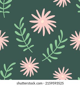 Flores y hojas sin costura. Fondo de estilo escandinavo. Ilustración de vectores para el diseño de tejidos, papel de regalo, ropa de bebé, textiles, tarjetas