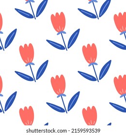 Flowers and leaf seamless pattern. Scandinavian style background. Vector illustration for fabric design, gift paper, baby clothes, textiles, cards