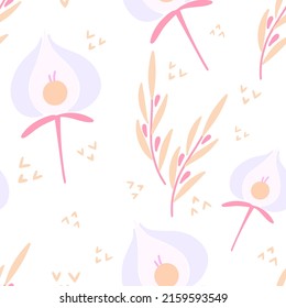 Blumen und nahtloses Blatt-Muster. Skandinavischer Hintergrund. Vektorgrafik für Stoffdesign, Geschenkpapier, Babybekleidung, Textilien, Karten