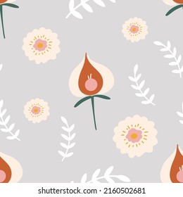 Flowers and leaf seamless pattern. Scandinavian style background. Vector illustration for fabric design, gift paper, baby clothes, textiles, cards