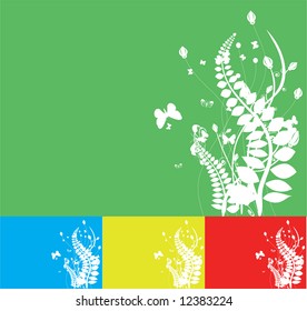 Flowers, leafs and butterflies silhouette on different colored background