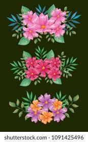 flowers and leafs set decorative with black background