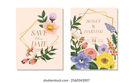 Flowers and leave wedding invitation card template set, Elegant botanical florals background vector illustration for save the date, card, cover, poster, greeting, rsvp

