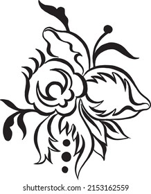 Flowers and leaves abstract pattern. Black and white floral ornament. Contour calligraphy. Tattoo design. Linear drawing.