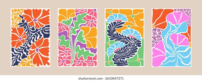 Flowers and leaves, abstract plant shapes, drawing art. Wall art for home decoration. Set of abstract covers. Vector.