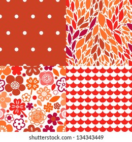 Flowers leaves and abstract seamless patterns collection in red, vector