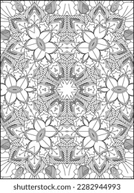 Flowers and leaves for background, coloring page, and print on product. Vector illustration.Black and white pattern. Mandala Coloring Pages. Mandala. Pattern Mandala Coloring Page.