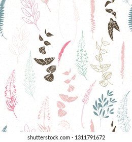 Flowers and leaves background with texture. Vector seamless pattern with different realistic plants and florals.