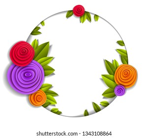 Flowers and leaves beautiful background or frame with blank copy space for text, vector illustration in paper cut style. Wedding invitation or romantic greeting card.