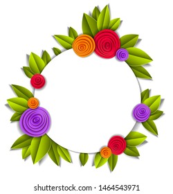 Flowers and leaves beautiful background or frame with blank copy space for text, vector illustration in paper cut style. Wedding invitation or romantic greeting card.