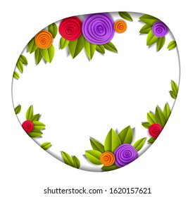 Flowers and leaves beautiful background or frame with blank copy space for text, vector illustration in paper cut style. Wedding invitation or romantic greeting card.