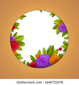 Flowers and leaves beautiful background or frame with blank copy space for text, vector illustration in paper cut style. Wedding invitation or romantic greeting card.