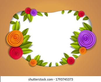 Flowers and leaves beautiful background or frame with blank copy space for text, vector illustration in paper cut style. Wedding invitation or romantic greeting card.